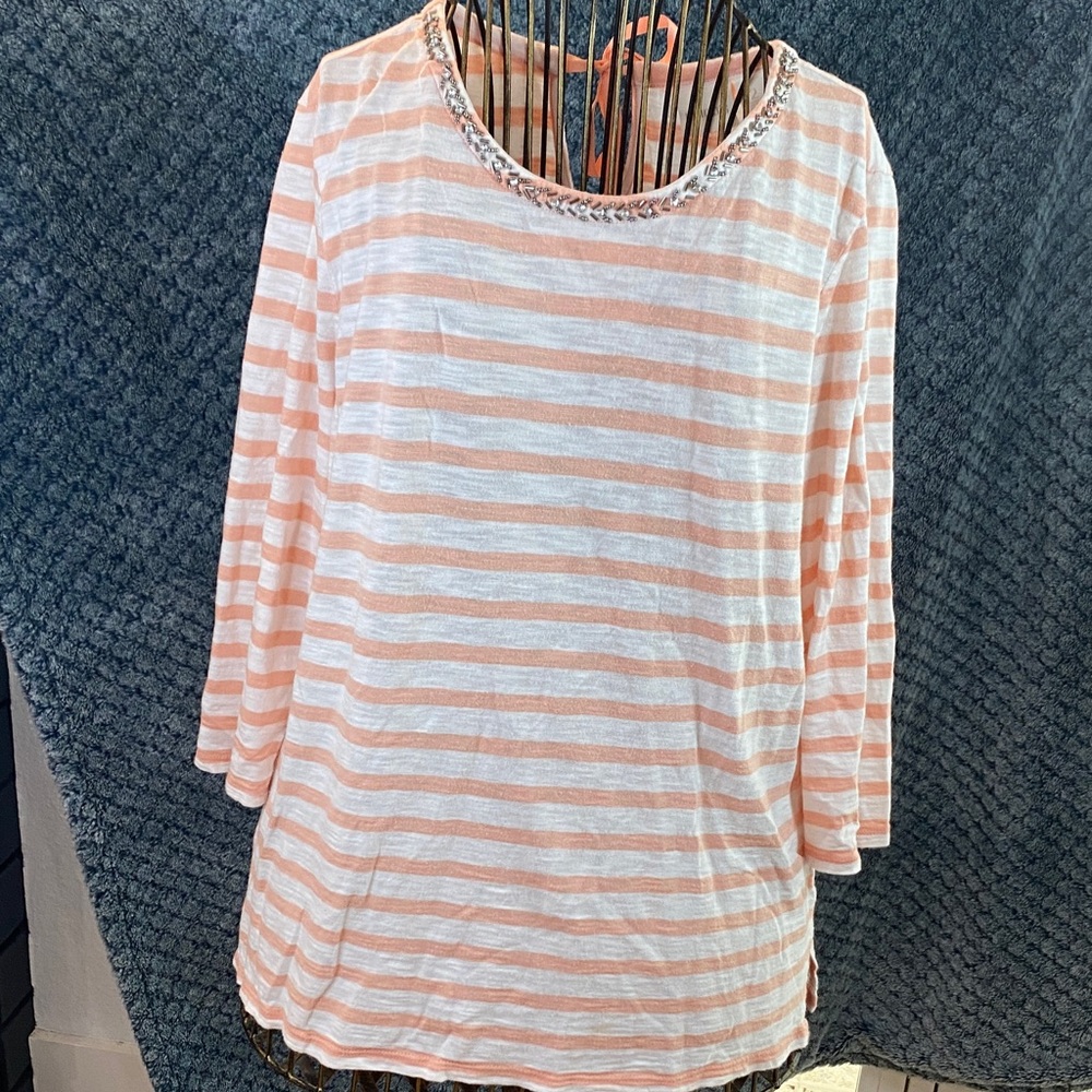 Chico's Peach and White Striped Long Sleeve Top